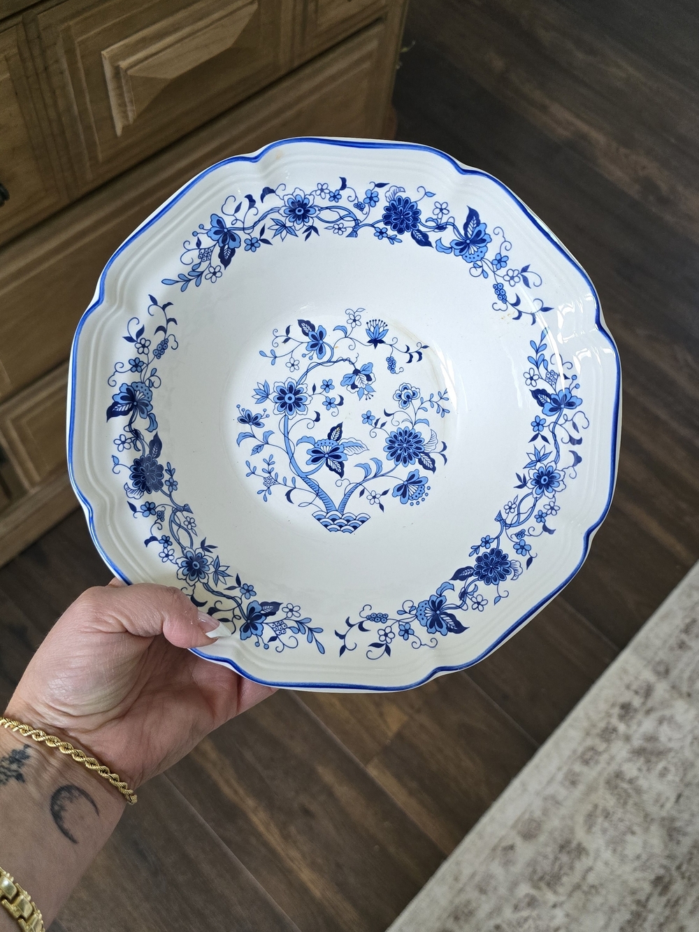 Vintage White and Blue Floral Ceramic Serving Bowl